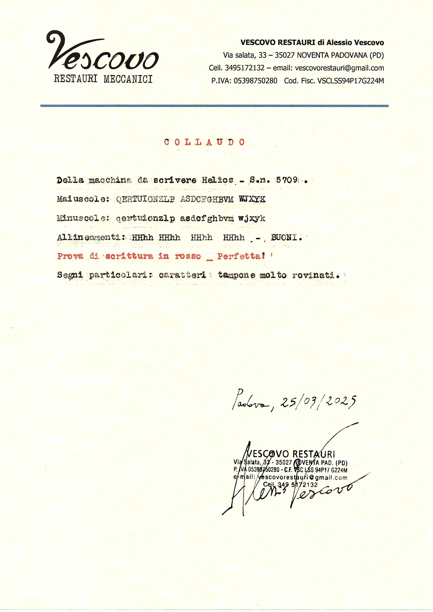 Helios Typewriter test certificate