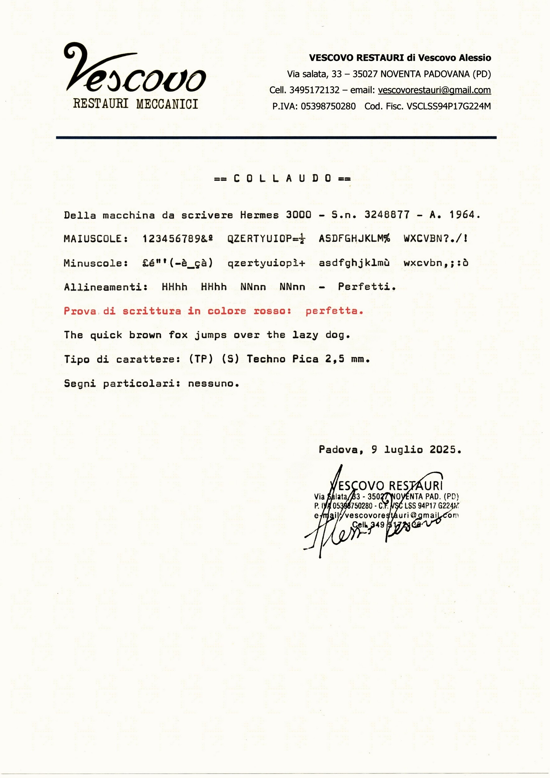 Hermes 3000 Typewriter test certificate