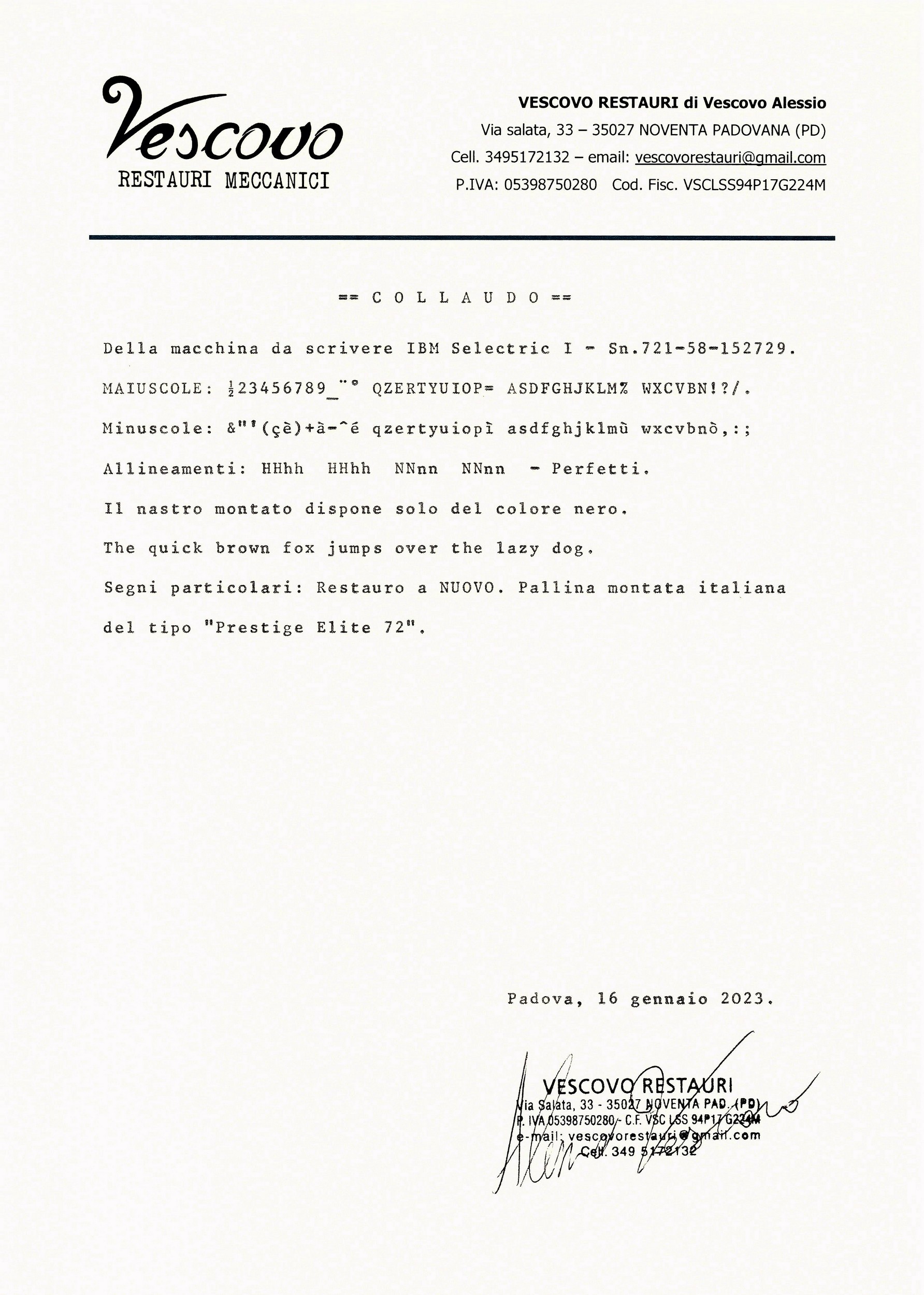 IBM Selectric 1 typewriter test certificate