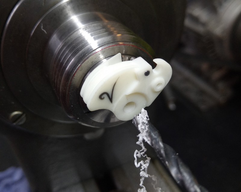 IBM Selectric Tilt actuator being machined on the lathe