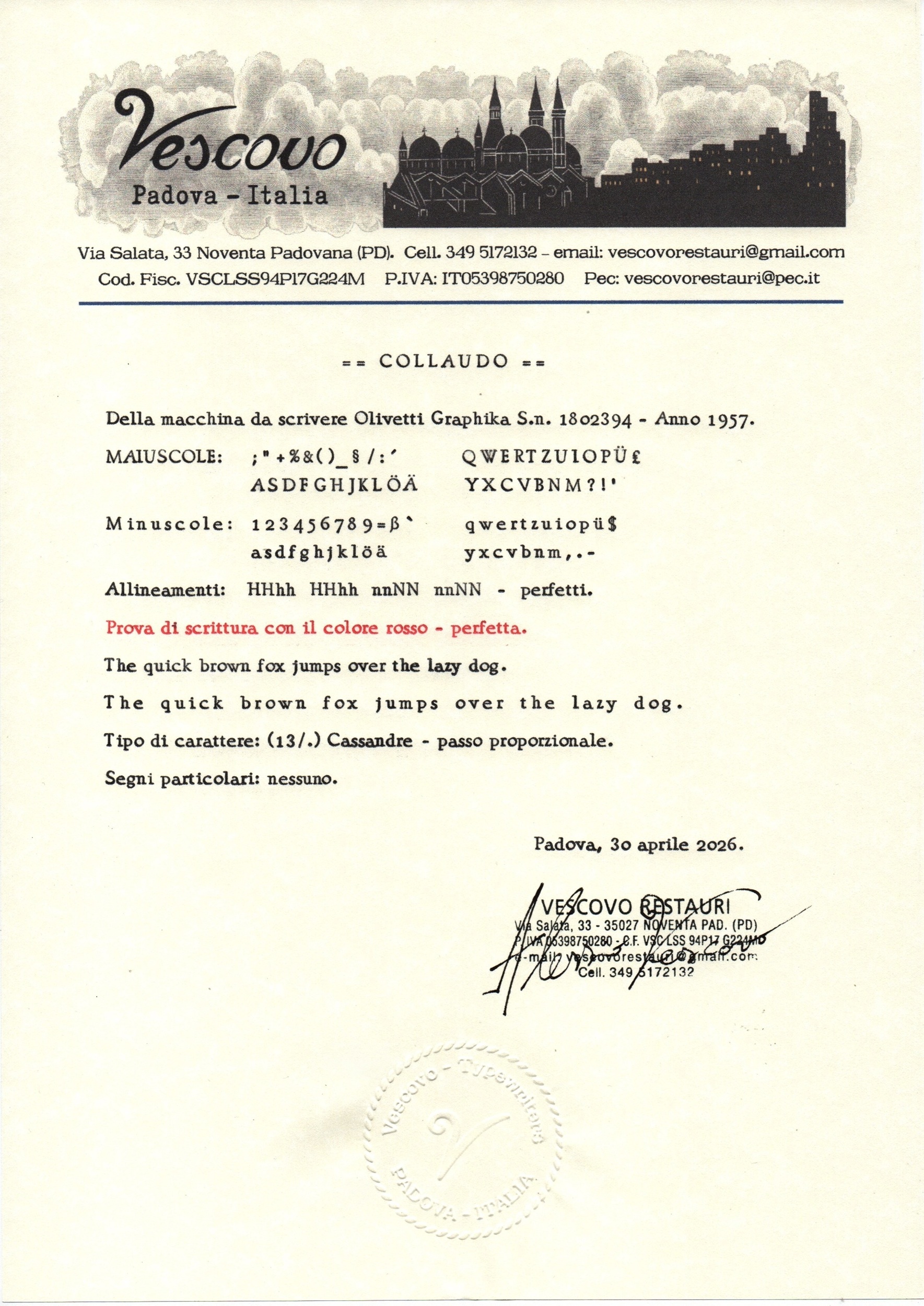 Olivetti Graphika test certificate