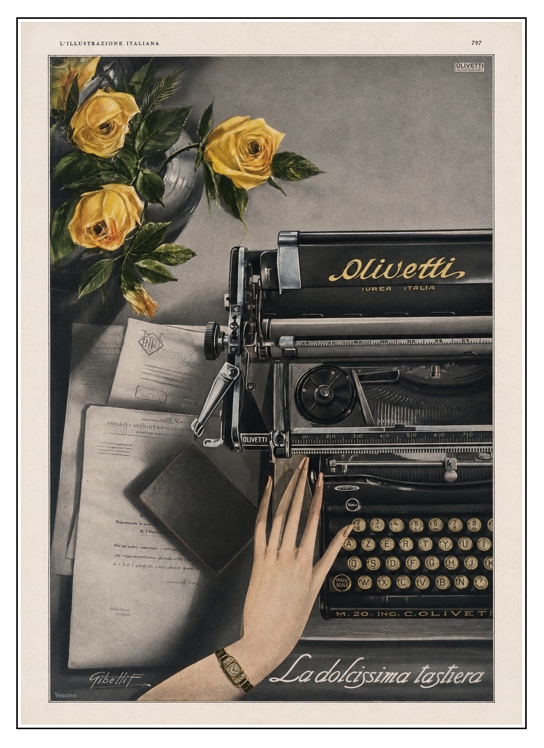 Olivetti M20 typewriter 1920s colored advertisement