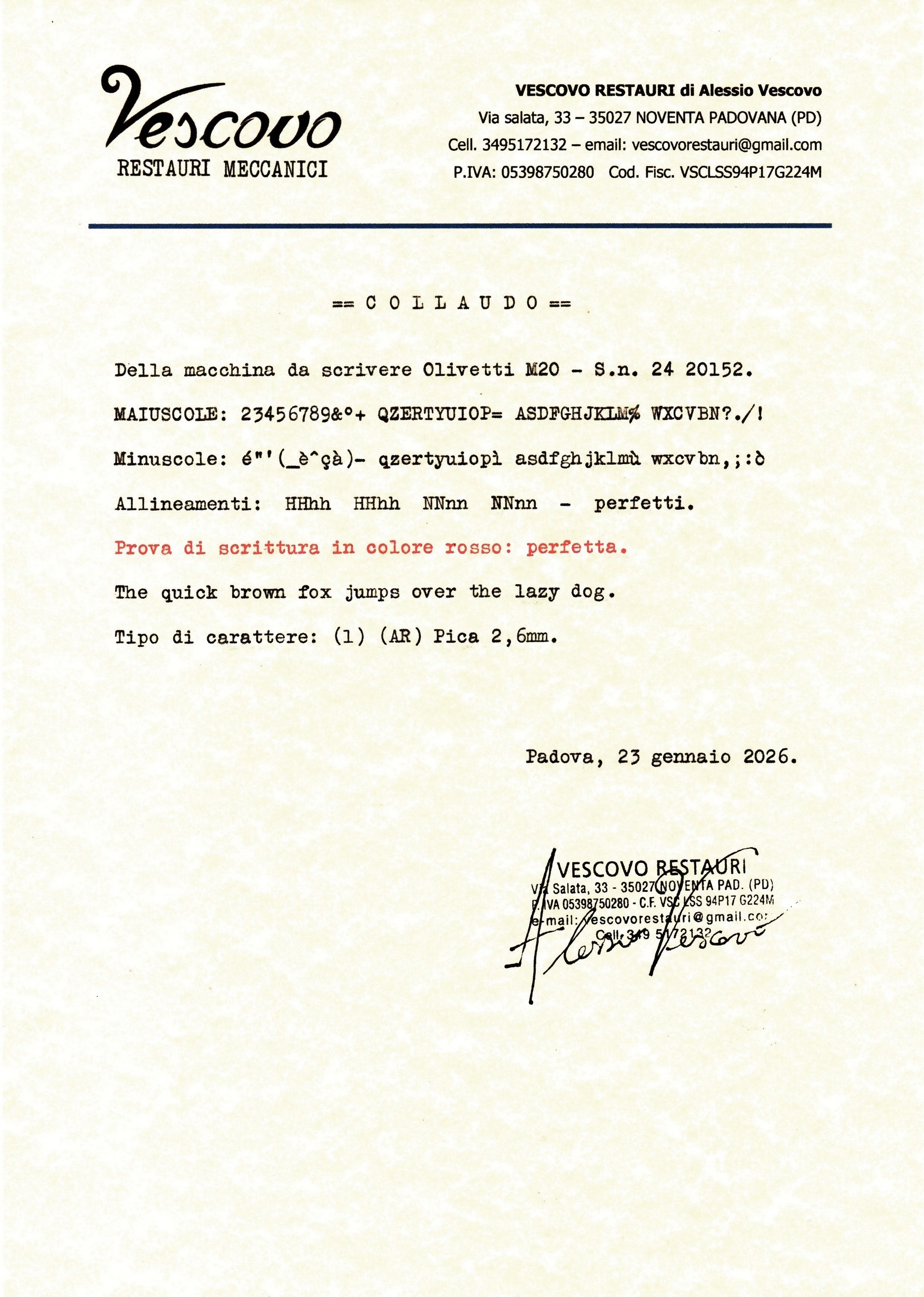 Olivetti M20 Typewriter test certificate