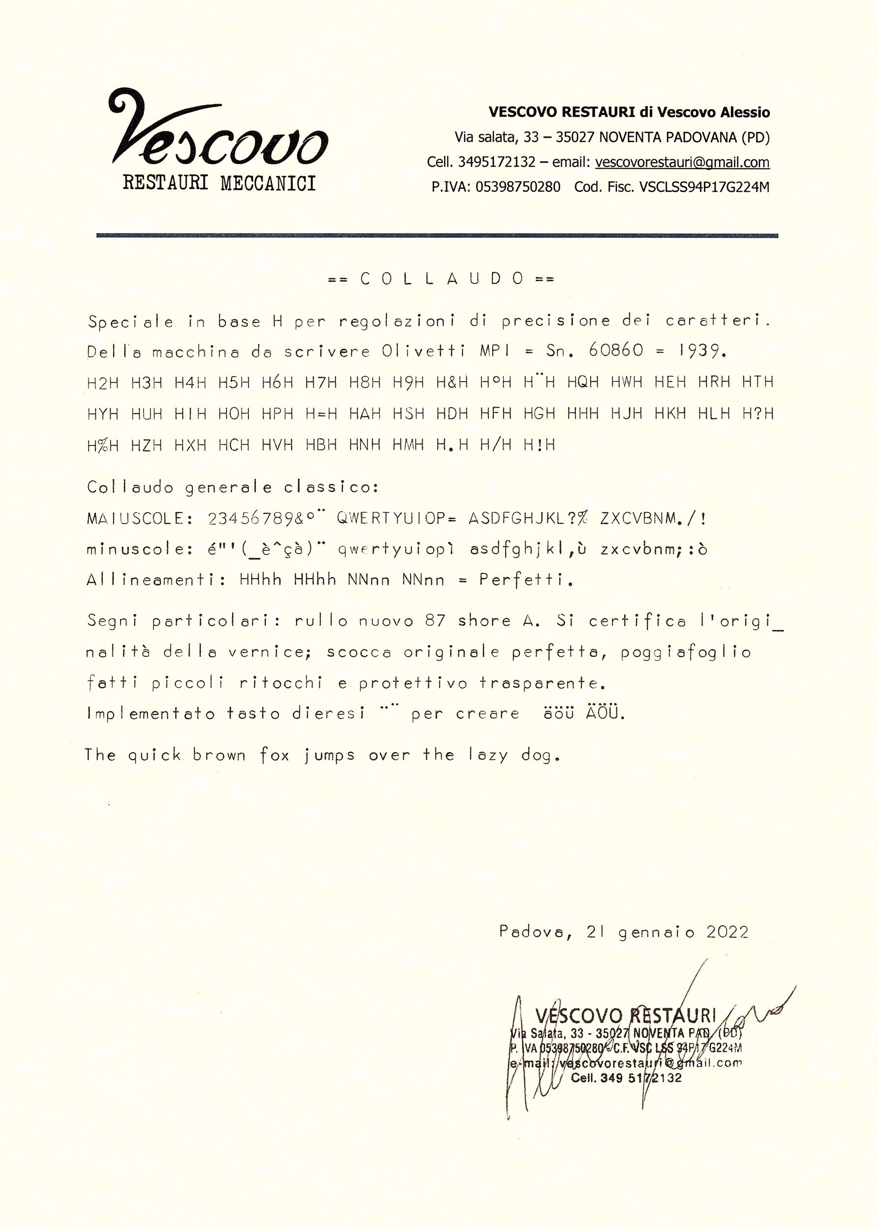 Olivetti mp1 typewriter test certificate with italic character