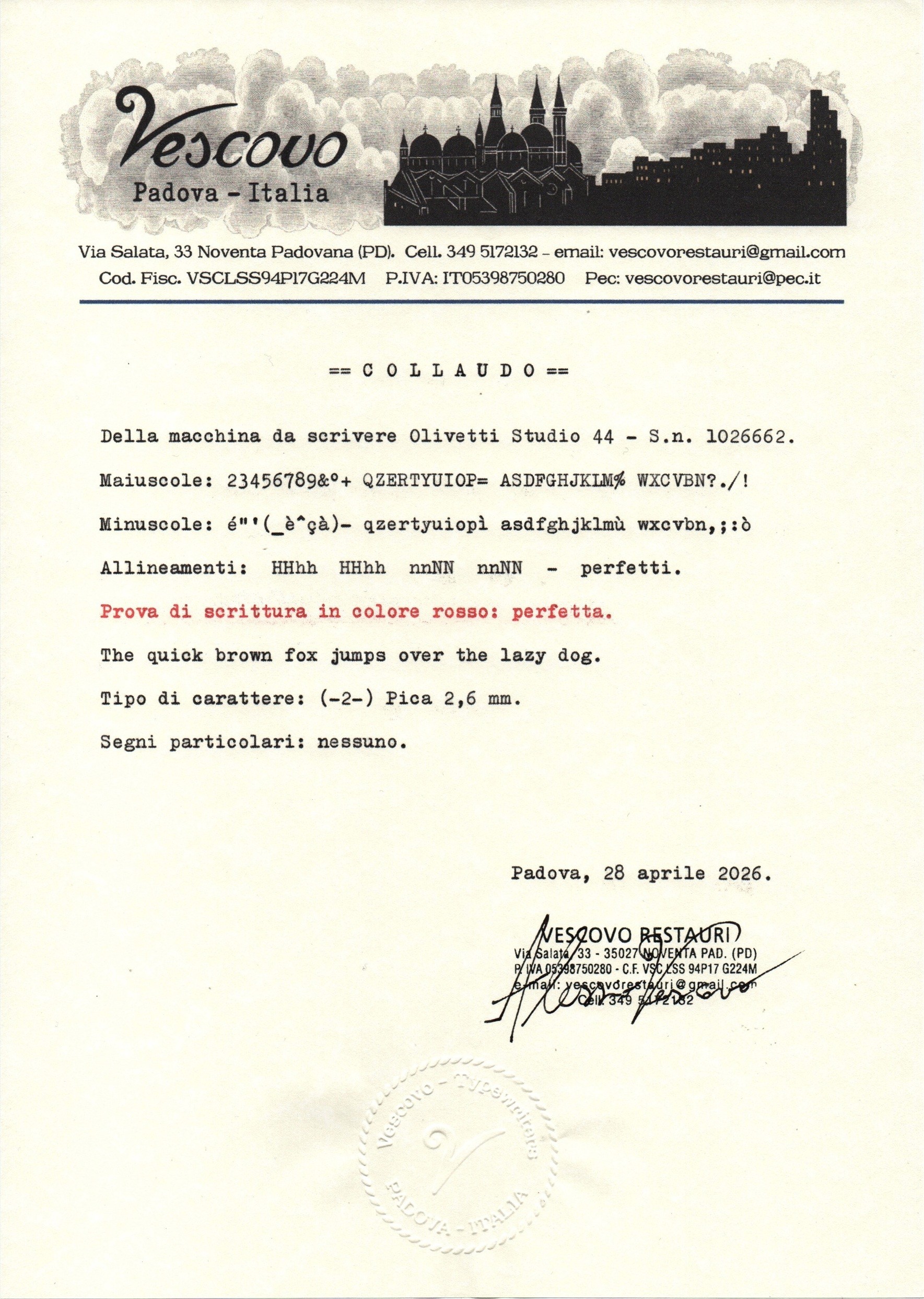 olivetti-studio-44 Typewriter test certificate
