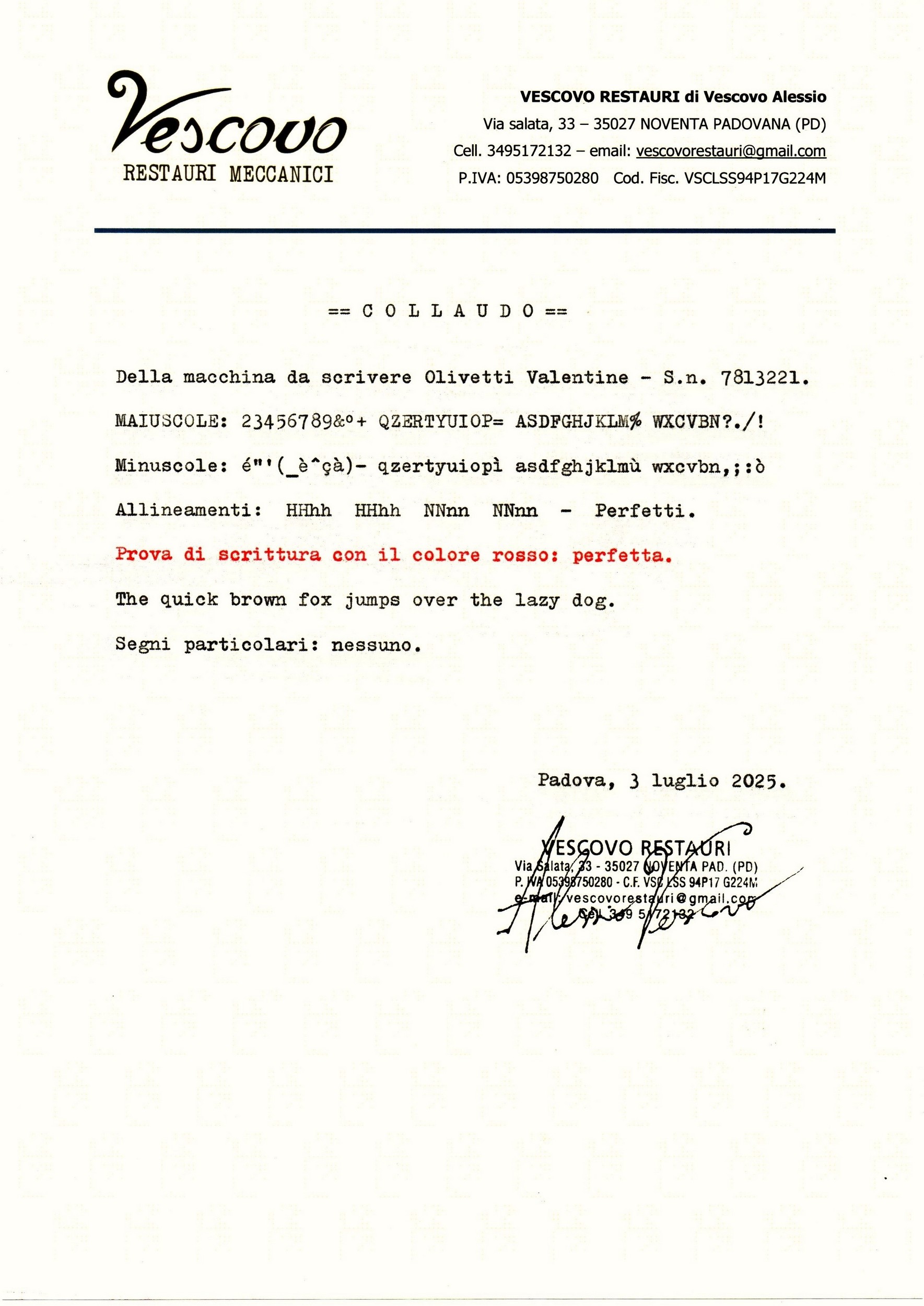 olivetti-valentine Typewriter test certificate