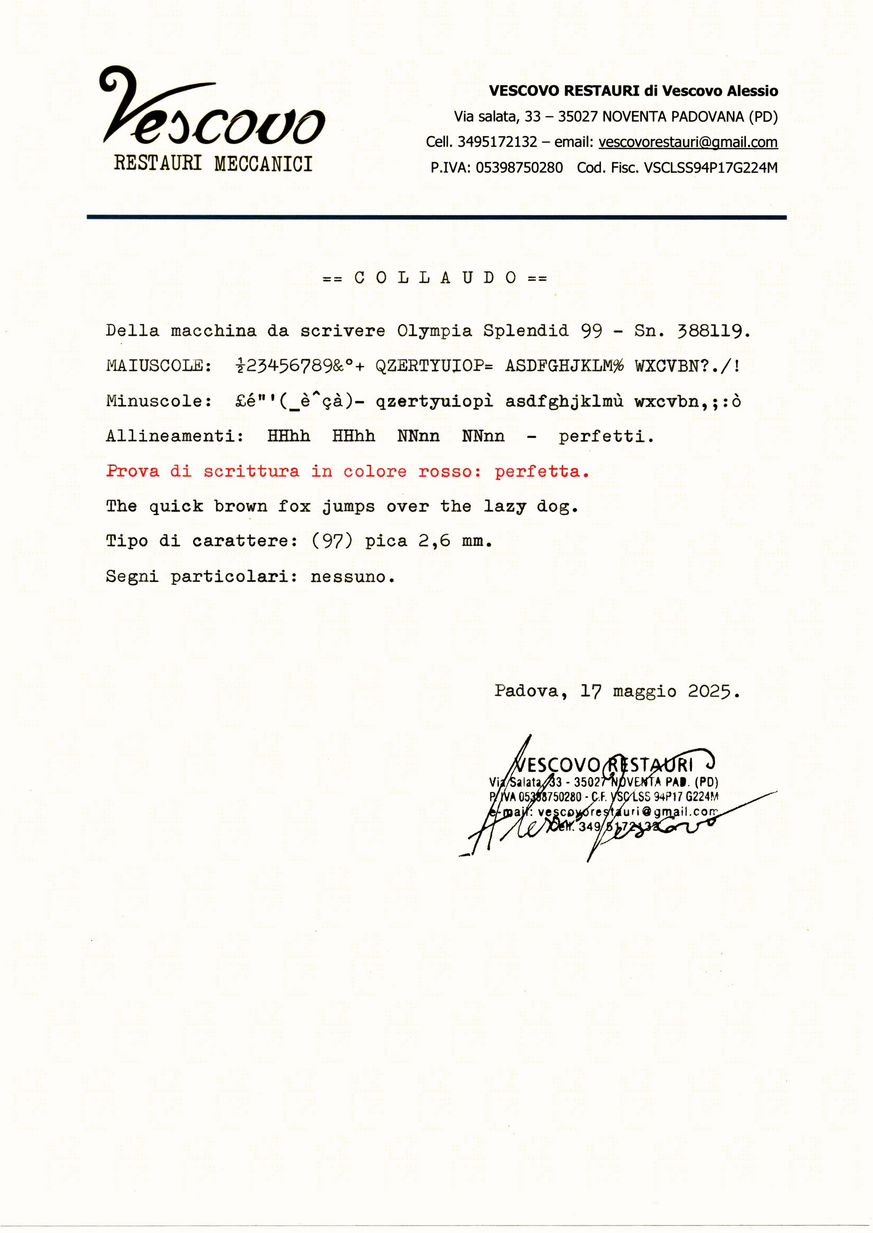 Olympia Splendid Typewriter test certificate