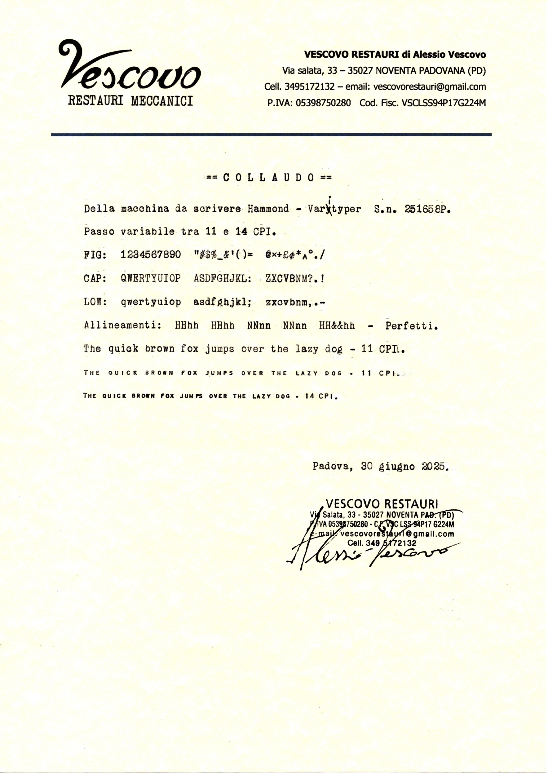 Varityper Folding typewriter test certificate showing the two different typing pitches